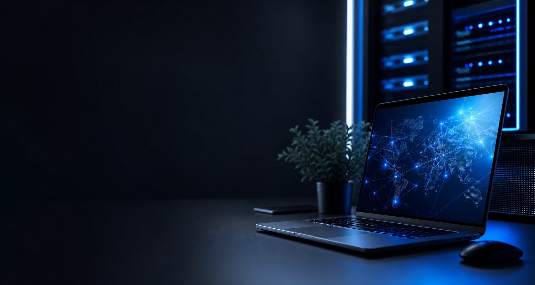 Moderner IT-Arbeitsplatz mit Servertechnik und blauem Netzwerklicht