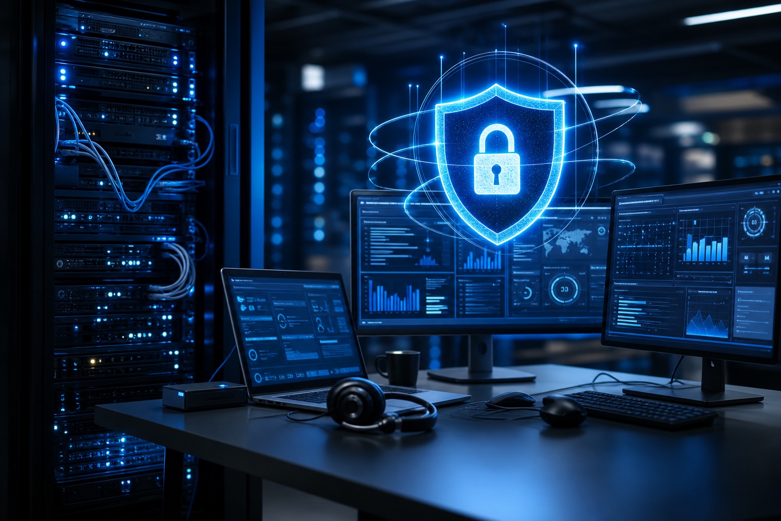 Cyber-Security-Monitoring mit Servertechnik und blauem Schutzsymbol