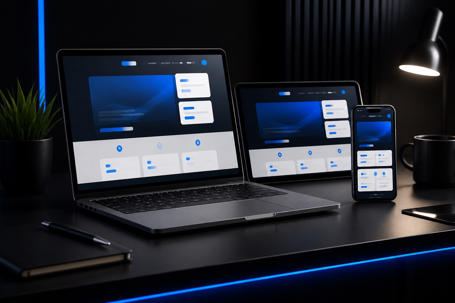 Responsive Webdesign auf Laptop, Tablet und Smartphone im modernen Blau-Schwarz-Look